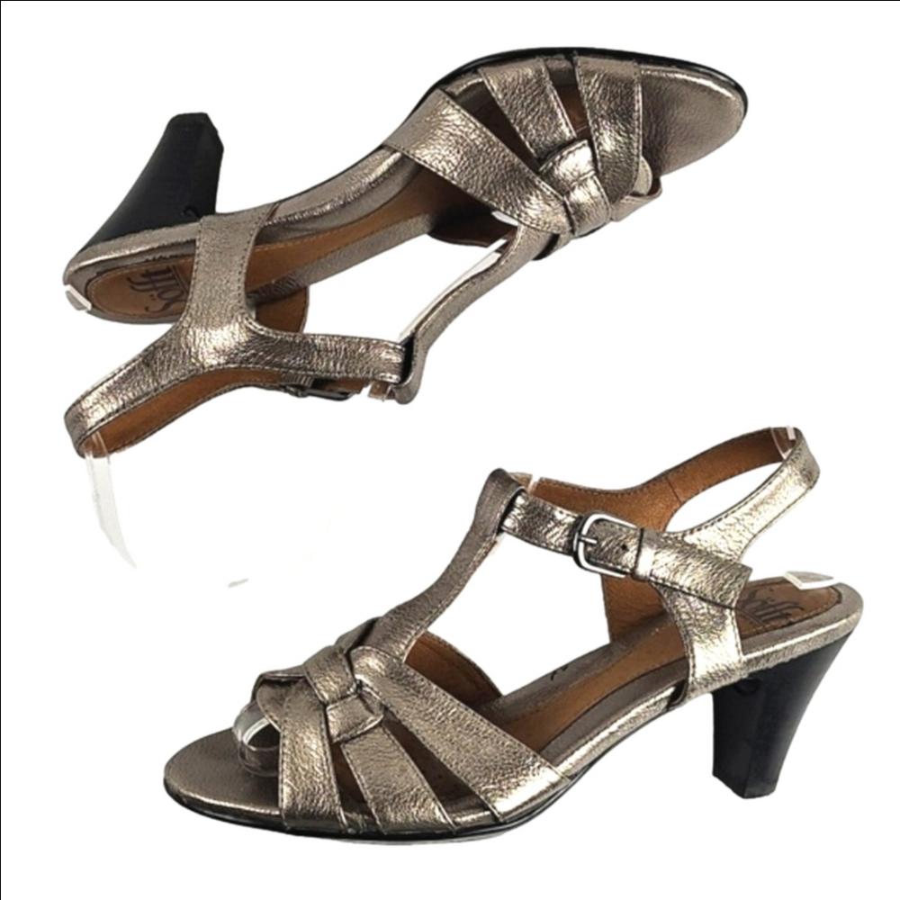 Sofft Sabana Metallic Silver Leather Open Toe T-Strap Medium Heel Sandal